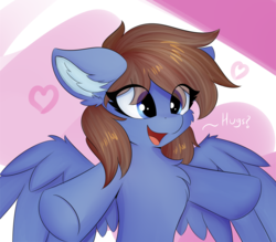 Size: 1000x875 | Tagged: safe, artist:lunar froxy, oc, oc only, oc:blue violet, pegasus, pony, abstract background, chest fluff, ear fluff, eye clipping through hair, female, fluffy, happy, mare, simple background, smiling, wing fluff
