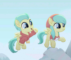Size: 450x377 | Tagged: safe, color edit, edit, edited screencap, screencap, barley barrel, pickle barrel, pegasus, pony, g4, my little pony: rainbow roadtrip, barrel twins, beanie, clothes, colored, colt, cropped, female, filly, hat, hoodie, male, shirt, siblings, twins