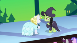 Size: 2100x1180 | Tagged: safe, screencap, broomhilda, glinda, sea swirl, seafoam, twinkleshine, written script, pony, unicorn, between dark and dawn, g4, actress, audience, book, braid, clothes, dress, duo focus, elphaba, female, glinda the good witch, green, hat, hoof hold, hoof on chest, lotta little things, mare, musical, play, puffy sleeves, ringlets, the wizard of oz, wicked, wicked witch, wicked witch of the west, witch, witch hat