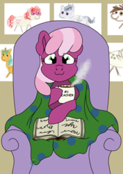 Size: 2480x3508 | Tagged: safe, artist:eillahwolf, cheerilee, pipsqueak, rumble, snails, twist, zippoorwhill, g4, blanket, book, chair, chocolate, food, high res, hot chocolate, solo focus