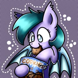 Size: 2048x2048 | Tagged: safe, artist:sugar morning, oc, oc only, oc:masie, bat pony, pony, bust, cookie, cute, female, food, high res, mare, ocbetes, portrait, solo
