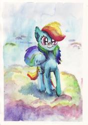 Size: 1600x2264 | Tagged: safe, artist:mandumustbasukanemen, rainbow dash, pegasus, pony, g4, atg 2019, female, mare, newbie artist training grounds, smiling, solo, traditional art, watercolor painting