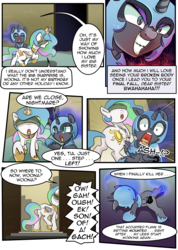 Size: 1800x2535 | Tagged: safe, artist:candyclumsy, nightmare moon, princess celestia, alicorn, pony, comic:attempted sorroricide, g4, biting, blindfold, butt bite, cewestia, comic, female, filly, nightmare woon, stairs, younger