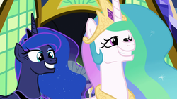 Size: 1920x1080 | Tagged: safe, screencap, princess celestia, princess luna, pony, between dark and dawn, g4, season 9, faic, great moments in animation, grin, royal sisters, smiling