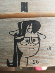 Size: 5472x7296 | Tagged: safe, artist:porschepegasus, starlight glimmer, pony, unicorn, g4, bench, black and white, bust, europe, floppy ears, grayscale, head, i mean i see, irl, marker, marker on wood, monochrome, photo, serious, serious face, vandalism, wood, wood surface