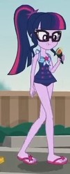 Size: 140x346 | Tagged: safe, screencap, sci-twi, twilight sparkle, equestria girls, g4, my little pony equestria girls: better together, x marks the spot, clothes, cropped, feet, female, flip-flops, food, solo, sushi, swimsuit
