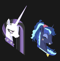 Size: 1122x1130 | Tagged: safe, artist:samoht-lion, princess celestia, princess luna, alicorn, pony, between dark and dawn, g4, 80s, 80s princess luna, alternate hairstyle, black background, bust, eyes closed, female, grin, hooves, horn, jewelry, lineless, mare, necklace, portrait, punklestia, simple background, smiling, solo