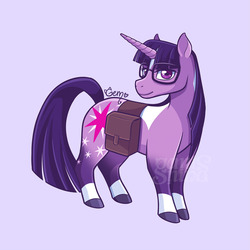 Size: 787x787 | Tagged: safe, artist:geminineart, part of a set, twilight sparkle, pony, unicorn, alternate cutie mark, coat markings, cutie mark, facial markings, female, g5 concept leak style, g5 concept leaks, glasses, looking at you, mare, redesign, saddle bag, simple background, smiling, socks (coat markings), solo, star (coat marking), twilight sparkle (g5 concept leak), unicorn twilight, watermark