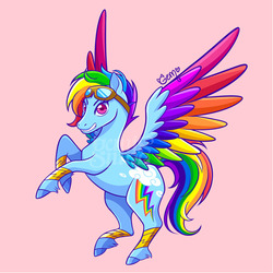 Size: 787x787 | Tagged: safe, artist:geminineart, part of a set, rainbow dash, pegasus, pony, alternate cutie mark, bracer, colored wings, cutie mark, female, g5 concept leak style, g5 concept leaks, goggles, grin, looking at you, mare, rainbow dash (g5 concept leak), rearing, redesign, simple background, smiling, solo, spread wings, unshorn fetlocks, watermark, wings