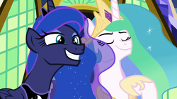 Size: 1920x1080 | Tagged: safe, screencap, princess celestia, princess luna, alicorn, pony, between dark and dawn, g4, chestplate, crown, cute, duo, ethereal mane, eyeshadow, faic, female, flowing mane, grin, hoof on chest, hoof shoes, jewelry, lunabetes, makeup, mare, multicolored mane, regalia, royal sisters, siblings, sisters, smiling, smirk, smuglestia, smugluna, starry mane, twilight's castle