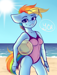 Size: 1200x1600 | Tagged: safe, artist:falafeljake, rainbow dash, anthro, g4, armpits, beach, beach ball, clothes, commission, female, one-piece swimsuit, solo, summer, swimsuit, your character here
