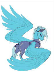 Size: 768x1024 | Tagged: safe, artist:catlovergirl, artist:rubenite, oc, oc only, oc:angel, pegasus, pony, alternate timeline, clothes, crystal war timeline, dock, female, floppy ears, goggles, large wings, lidded eyes, looking at you, mare, one wing out, scar, simple background, solo, tail wrap, uniform, white background, wings