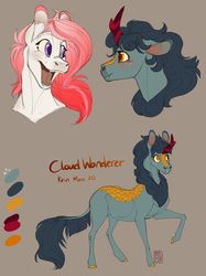 Size: 1280x1707 | Tagged: safe, artist:catlovergirl, artist:rubenite, oc, oc only, oc:cloud wanderer, kirin, pony, blushing, brown background, bust, colored ears, duo, ear fluff, female, floppy ears, freckles, happy, looking at each other, mare, open mouth, ponysona, raised hoof, reference sheet, simple background