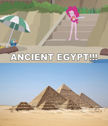 Size: 1617x1872 | Tagged: safe, edit, edited screencap, editor:sonic ranger, screencap, pinkie pie, human, equestria girls, g4, my little pony equestria girls: better together, too hot to handle, ancient egypt, atop the fourth wall, barefoot, clothes, feet, fist shaking, fist up, irl, linkara, one-piece swimsuit, photo, pyramid, snow cone, swimsuit