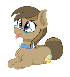 Size: 2223x2443 | Tagged: safe, artist:paskanaakka, part of a set, oc, oc only, oc:dawnsong, earth pony, pony, accessory, chest fluff, choker, commission, digital art, female, glasses, happy, high res, lying down, mare, silly, simple background, smiling, solo, tongue out, transparent background