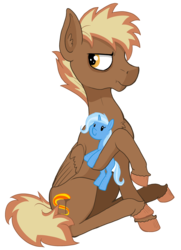 Size: 2648x3648 | Tagged: safe, artist:paskanaakka, part of a set, trixie, oc, oc only, oc:firebrand, pegasus, pony, angry, chest fluff, colored hooves, commission, digital art, folded wings, high res, hug, male, plushie, serious, serious face, simple background, sitting, solo, stallion, transparent background, wings