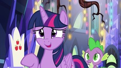 Size: 1920x1080 | Tagged: safe, screencap, spike, twilight sparkle, alicorn, dragon, pony, between dark and dawn, g4, twilight sparkle (alicorn), twilight's castle, winged spike, wings
