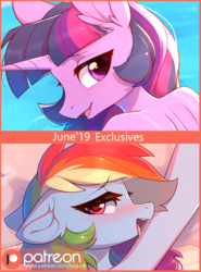 Size: 2082x2809 | Tagged: safe, artist:fensu-san, rainbow dash, twilight sparkle, alicorn, anthro, g4, advertisement, anthro with ponies, blushing, cute, heart eyes, high res, looking at you, patreon, patreon logo, paywall content, tan, tongue out, twilight sparkle (alicorn), water, wingding eyes