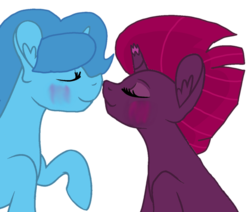 Size: 1271x1080 | Tagged: safe, artist:徐詩珮, fizzlepop berrytwist, spring rain, tempest shadow, pony, unicorn, g4, base used, blushing, broken horn, female, horn, lesbian, mare, nuzzling, ship:springshadow, shipping, simple background, transparent background