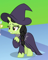 Size: 380x475 | Tagged: safe, screencap, broomhilda, pony, unicorn, between dark and dawn, g4, cropped, female, hat, mare, solo focus, wicked, wicked witch, wicked witch of the west