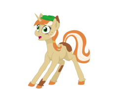 Size: 7014x5100 | Tagged: safe, artist:paskanaakka, part of a set, oc, oc only, oc:paige turner, pony, unicorn, coat markings, commission, digital art, excited, female, flat cap, freckles, happy, hat, horn, mare, missing cutie mark, newsboy hat, open mouth, ponytail, simple background, smiling, solo, splotches, standing, transparent background