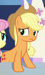 Size: 350x588 | Tagged: safe, screencap, applejack, fluttershy, earth pony, pony, between dark and dawn, g4, cropped, cutie mark, female, mare, offscreen character, reaction image