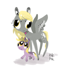 Size: 1783x2000 | Tagged: safe, artist:puffpink, derpy hooves, dinky hooves, pegasus, pony, unicorn, g4, duo, female, filly, lineless, mare, mother and daughter, tongue out