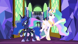 Size: 1576x888 | Tagged: safe, screencap, princess celestia, princess luna, alicorn, pony, between dark and dawn, g4, crown, dramatic, dramatic entrance, dramatic pose, duo, ethereal mane, ethereal tail, eyeshadow, female, flowing mane, flowing tail, folded wings, hoof shoes, jewelry, lidded eyes, makeup, mare, multicolored mane, multicolored tail, raised eyebrow, raised hoof, regalia, royal sisters, show off, siblings, sisters, smiling, smirk, smuglestia, smugluna, twilight's castle