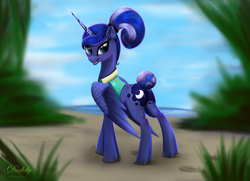 Size: 6300x4550 | Tagged: safe, artist:darksly, princess luna, alicorn, pony, between dark and dawn, g4, beach, butt, clothes, female, looking back, mare, ocean, plot, ponytail, shirt, sky, smiling, tail bun, wings