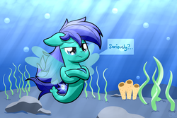 Size: 3000x2000 | Tagged: dead source, safe, artist:php142, oc, oc only, oc:magnifying glass, pegasus, pony, seapony (g4), colt, commission, cute, high res, male, outdoors, serious, serious face, solo, text, underwater, wings