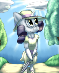 Size: 1584x1944 | Tagged: safe, artist:firefanatic, rarity, pony, g4, boots, clothes, dress, gloves, hat, shoes, smiling, sun hat, tree, umbrella