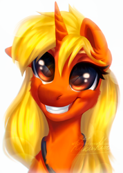 Size: 464x653 | Tagged: safe, artist:dolorosacake, oc, oc only, pony, unicorn, bust, commission, grin, happy, looking up, smiling, solo, uncanny valley, wall smath