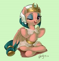 Size: 1651x1703 | Tagged: safe, artist:luciferamon, somnambula, pegasus, pony, g4, clothes, crossed legs, cute, ear fluff, egypt, egyptian, egyptian headdress, egyptian pony, female, green background, headdress, looking at you, lotus position, mare, omnambula, one eye closed, open mouth, see-through, simple background, sitting, solo, somnambetes, wink