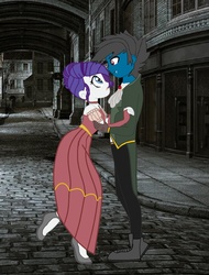 Size: 952x1252 | Tagged: safe, artist:ds59, rarity, oc, oc:dragun shot, human, vampire, equestria girls, g4, alternate hairstyle, canon x oc, clothes, collar, dracula, drarity, dress, fangs, gloves, jewelry, night, pendant, street, suit, victorian