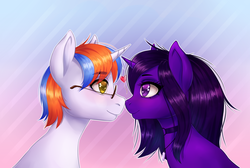 Size: 2500x1682 | Tagged: safe, artist:pinklemon23, artist:winnigrette, oc, oc only, oc:free quill, oc:nova aurora, pony, unicorn, blushing, boop, bust, collar, couple, cute, female, glasses, heart, jewelry, looking at each other, male, mare, multicolored hair, necklace, noseboop, portrait, qurora, simple background, stallion, ych result