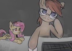 Size: 869x622 | Tagged: safe, artist:inowiseei, fluttershy, oc, bat pony, pony, g4, bat ponified, colored pupils, computer, computer mouse, cute, dirty, duo, ear tufts, flutterbat, frown, glare, glasses, gray background, injured, keyboard, leaning, lidded eyes, looking at you, looking up, messy mane, micro, no pupils, prone, race swap, sad, sadorable, shyabetes, simple background, trash