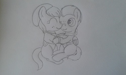 Size: 2560x1536 | Tagged: safe, artist:peternators, barley barrel, pickle barrel, pegasus, pony, g4, rainbow roadtrip, barrel twins, beanie, brother and sister, clothes, colt, cuddling, female, filly, hat, hoodie, hug, male, monochrome, shirt, siblings, sketch, smiling, snuggling, traditional art, twins