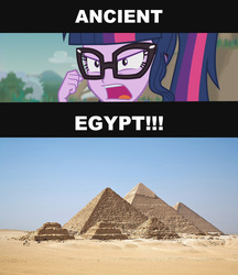 Size: 1617x1872 | Tagged: safe, edit, edited screencap, editor:sonic ranger, screencap, sci-twi, twilight sparkle, equestria girls, friendship math, g4, my little pony equestria girls: better together, ancient egypt, atop the fourth wall, dramatic widescreen, fist up, linkara, pyramid