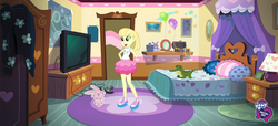 Size: 1920x878 | Tagged: safe, photo finish, equestria girls, g4, banana peel, bed, female, rug, solo