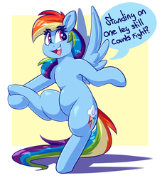 Size: 1929x2112 | Tagged: safe, artist:graphene, rainbow dash, pegasus, pony, g4, atg 2019, cute, dialogue, female, mare, newbie artist training grounds, raised leg, solo, spread wings, standing, standing on one leg, talking, wings