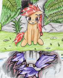 Size: 1876x2319 | Tagged: safe, artist:40kponyguy, derpibooru exclusive, oc, oc only, oc:safe haven, earth pony, pony, floppy ears, grass, looking down, reflection, solo, traditional art, water