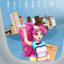 Size: 2000x2000 | Tagged: safe, artist:focusb, pinkie pie, human, equestria girls, g4, album cover, album parody, breakfast in america, cake, female, food, frappe, high res, humanized, ice cream, parody, server pinkie pie, solo, supertramp, the rainbooms, waitress