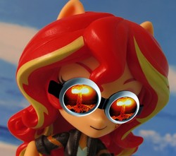 Size: 907x801 | Tagged: safe, artist:whatthehell!?, sunset shimmer, equestria girls, g4, atomic bomb, clothes, doll, equestria girls minis, explosion, female, goggles, irl, nuclear weapon, photo, ponied up, toy, weapon