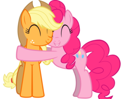 Size: 3000x2385 | Tagged: safe, applejack, pinkie pie, earth pony, pony, g4, applejack's hat, bipedal, cowboy hat, duo, duo female, eyes closed, female, hat, high res, hug, simple background, teeth, transparent background, vector