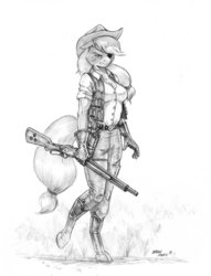 Size: 1000x1307 | Tagged: safe, artist:baron engel, applejack, earth pony, anthro, g4, boots, breasts, clothes, cowboy boots, cowboy hat, eyepatch, female, gloves, grayscale, gun, handgun, hat, m1887, monochrome, pencil drawing, revolver, shoes, shotgun, simple background, solo, story in the comments, story in the source, traditional art, vest, weapon, white background, winchester model 1887