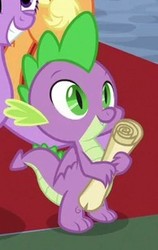 Size: 194x307 | Tagged: safe, screencap, applejack, spike, twilight sparkle, alicorn, dragon, pony, between dark and dawn, g4, cropped, male, offscreen character, scroll, smiling, tail, twilight sparkle (alicorn), winged spike, wings