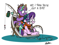 Size: 5695x4299 | Tagged: safe, artist:bobthedalek, firelight, starlight glimmer, pony, unicorn, g4, absurd resolution, atg 2019, boat, duo, father and daughter, female, fishing, fishing rod, flask, gritted teeth, hat, hoof hold, lifejacket, magic, male, mare, newbie artist training grounds, simple background, sinking, stallion, sweat, sweatdrop, telekinesis, white background