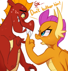 Size: 2220x2319 | Tagged: safe, artist:maren, garble, smolder, dragon, g4, sweet and smoky, angry, brother and sister, dialogue, duo, female, high res, looking at each other, male, profile, siblings, simple background, sweat, yelling