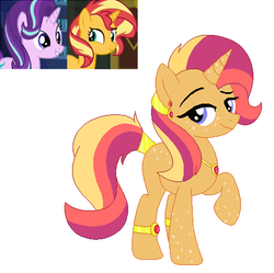 Size: 455x453 | Tagged: safe, artist:funny-arts, artist:selenaede, starlight glimmer, sunset shimmer, oc, oc:sunshine falls, pony, unicorn, g4, anklet, base used, blank flank, ear piercing, earring, female, jewelry, lesbian, magical lesbian spawn, mare, necklace, next generation, offspring, parent:starlight glimmer, parent:sunset shimmer, parents:shimmerglimmer, piercing, raised hoof, ship:shimmerglimmer, shipping, simple background, white background