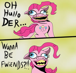Size: 1512x1452 | Tagged: dead source, safe, artist:mad-mutt, pinkie pie, earth pony, pony, g4, abomination, comic, creepy, derp, engrish, eyelashes, faic, female, floppy ears, gradient background, green background, hoers, lipstick, mare, meme, nightmare fuel, open mouth, simple background, smiling, solo, text, wat, wide eyes, wtf